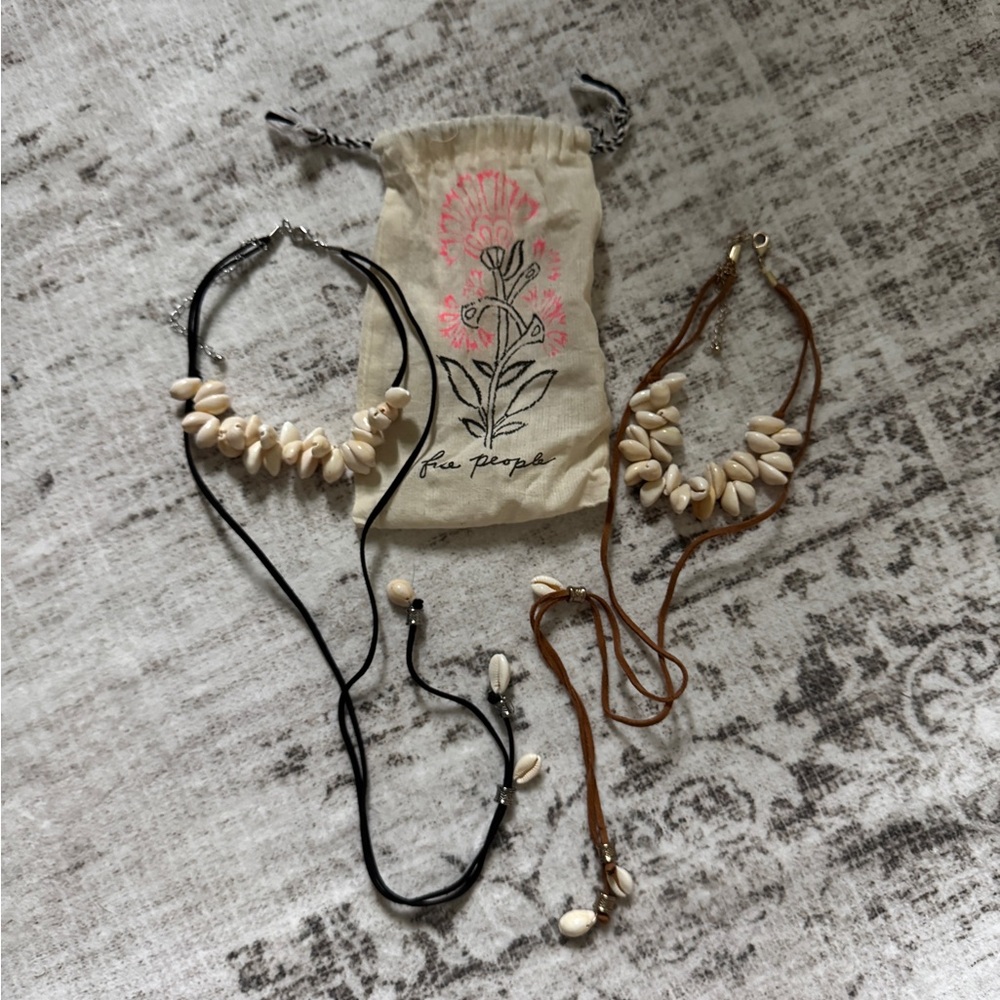 Free People Katie Leather Shell Necklaces - Black and Brown